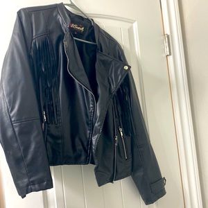 Black fringe faux leather jacket
